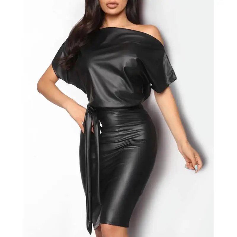 Women's Summer Long-sleeved Knee-length Pencil Skirt Black Asymmetric Sexy Faux Leather Dress
