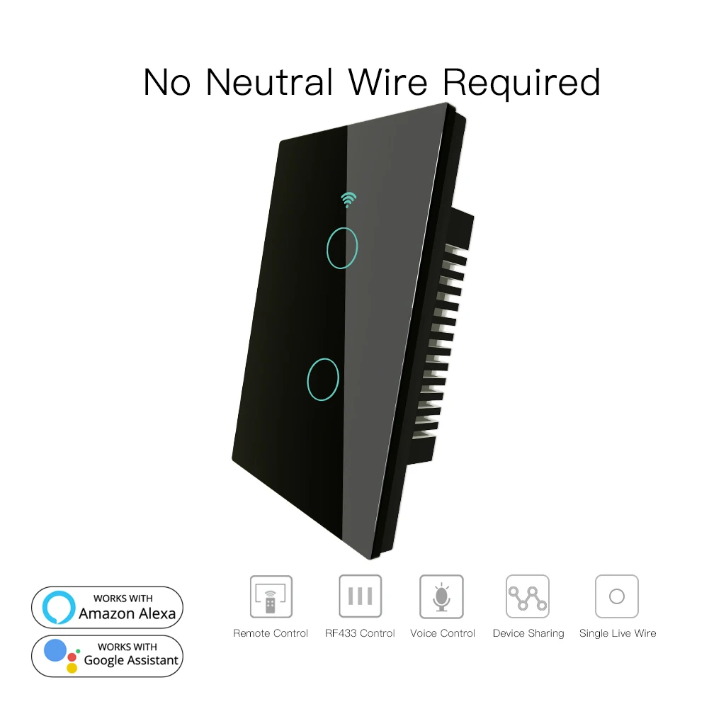RF433 WiFi умный настенный сенсорный выключатель без нейтрального провода, нужен умный Однопроводной настенный переключатель, работающий с Alexa Google Home 170-250 В - Цвет: 2 Gang Black