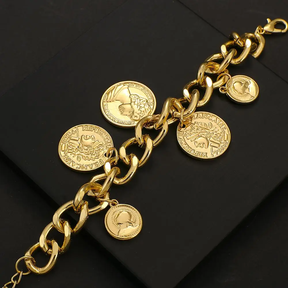 Flashbuy Gold Color Chain Coins Bracelet Personality Vintage Portrait Charms Bracelets For Women Fashion Accessories