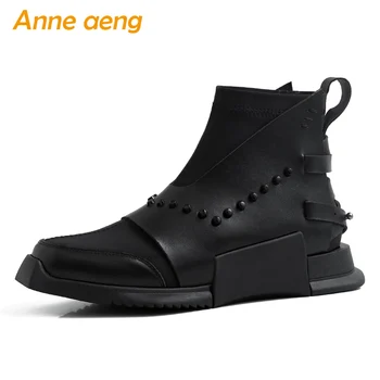 

2019 New Autumn Genuine Leather Women Ankle Boots Low Heel Rivet Punk Women Cow Leather Shoes Black Short Boots