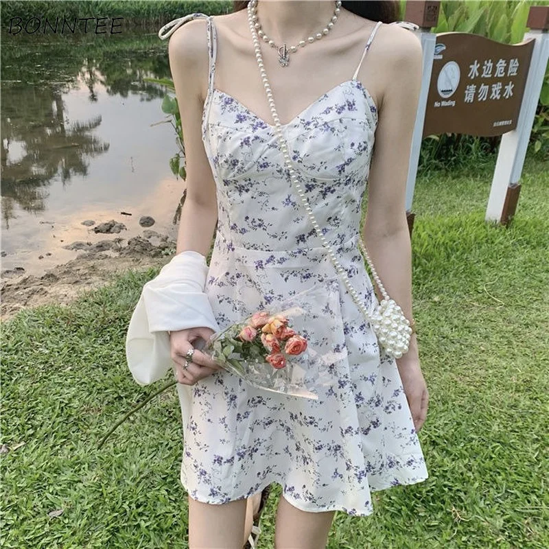 Dresses Women Sweet Korean Style Gentle Spaghetti Straps A-line Summer Leisure Lace-up Mini Mujer Trendy Girls Student All-match red dress Dresses