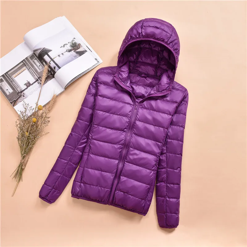 Purple Осенняя Куртка женская плюс размер 4XL 5XL 6XL 7XL ультра-тонкая зима 90% утиный мех пуховики женские топы тонкий розовый пальто с капюшоном - Цвет: Purple