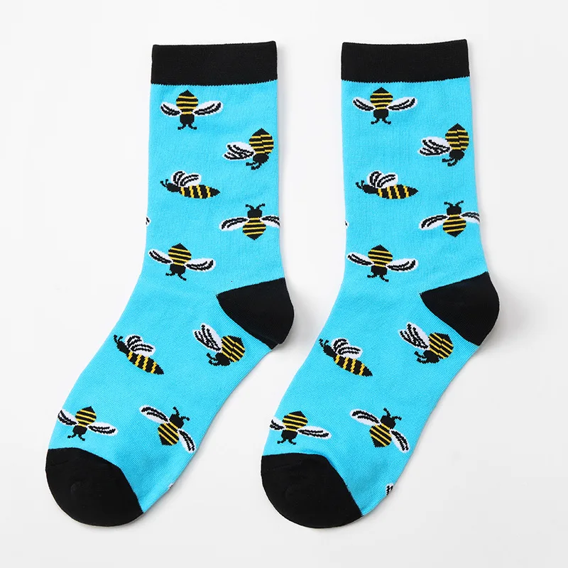 Sky Blue Bee PEONFLY/Новинка; женские носки из чесаного хлопка; забавные носки в стиле Харадзюку; Милые Носки с рисунком рыбы, креветки, пчелы; Рождественский подарок - Цвет: Sky Blue Bee