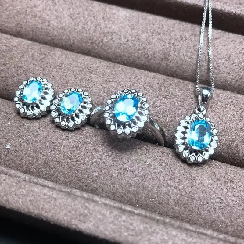 Platinum set S925 стерлингового серебра инкрустированные Голубой топаз кулон ожерелье кольцо серьги набор Роскошные ювелирные изделия - Цвет камня: Platinum set