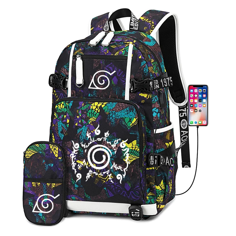 Наруто Саске косплей Печать Рюкзак USB Back Pack Холст Путешествия Рюкзак аниме школьные сумки Rugzak