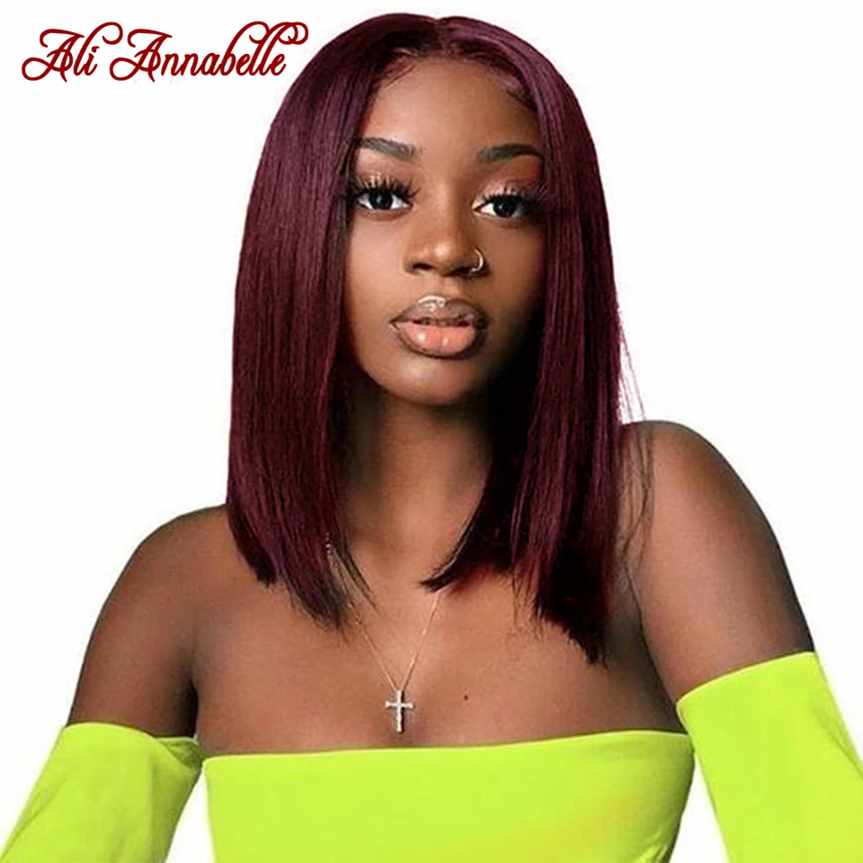 

Lace Front Human Hair Wigs Brazilian Straight 13*4 Short Bob Wig Red 99J Burgundy Human Hair Lace Wigs Pre-Plucked Bleached Knot