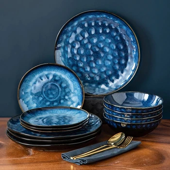 VANCASSO Starry 12/24/36-Piece Dinner Set Vintage Look Ceramic Blue Stoneware Tableware Set with Dinner Plate,Dessert Plate,Bowl 1