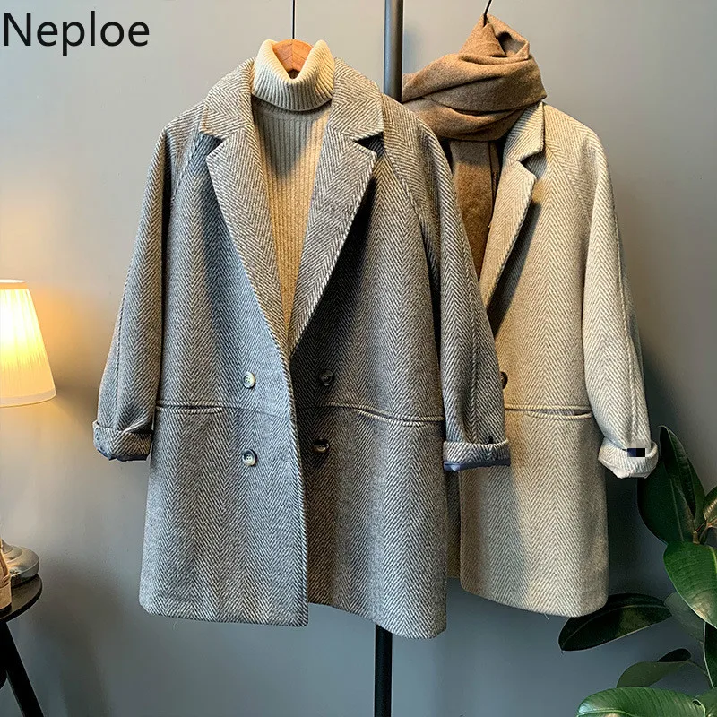 Neploe толстое шерстяное пальто средней длины, свободное, с отложным воротником, с длинным рукавом, Casaco Feminino, с двойным нагрудным карманом, Осень-зима