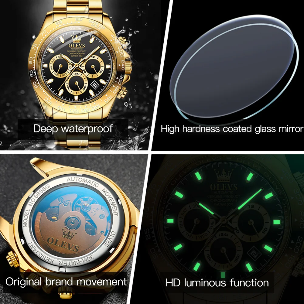 OLEVS Top Brand Men's Automatic Mechanical Watch Deep Waterproof Stainless Steel Strap Scratchproof Men Automatic Wristwatch