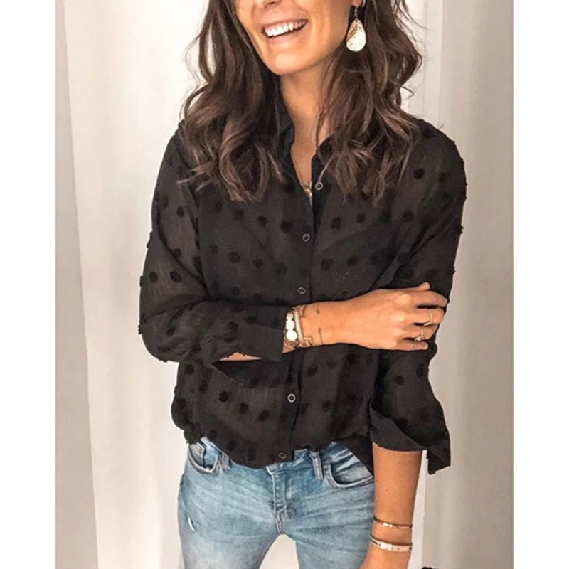 Сексуальные женские блузки рубашки 2019 прозрачные в горошек одноцветные с