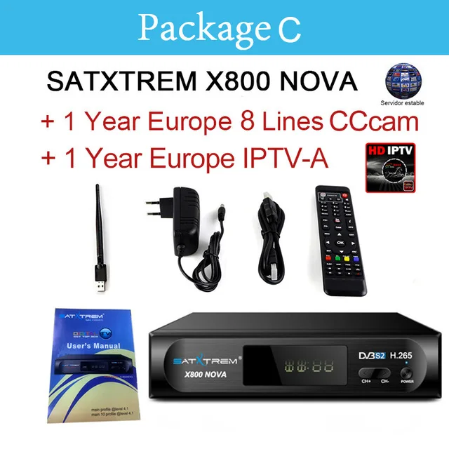 Satxtrem X800 Nova Испания HD спутниковый ресивер DVB-S2 цифровой H.265 ТВ Тернер Azamerica рецептор Wifi MT7601 Ccam IP tv Openbox - Цвет: box with wifi iptv