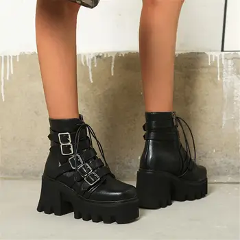 

BONJOMARISA Wholesale Ladies Platform Buckle Chunky Punk Ankle Boots shoes lace Zipper Boots Women Brand Shoes Woman