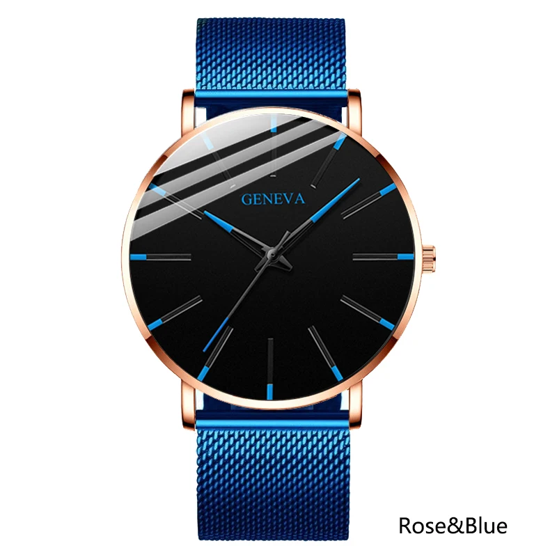 rose blue Мужские деловые ультра тонкие часы, Роскошные мужские часы с сетчатым ремешком из нержавеющей стали, повседневные Аналоговые Спортивные кварцевые наручные часы Herren Uhren - Цвет: rose blue