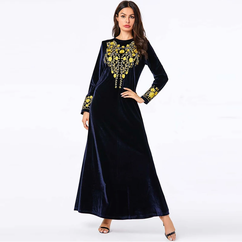 

Warm Kaftan Velvet Abaya Dubai Modest Fashion Women Muslim Maxi Dress Long Winter Autumn Dark Blue Plus size Abayat hijab Robe