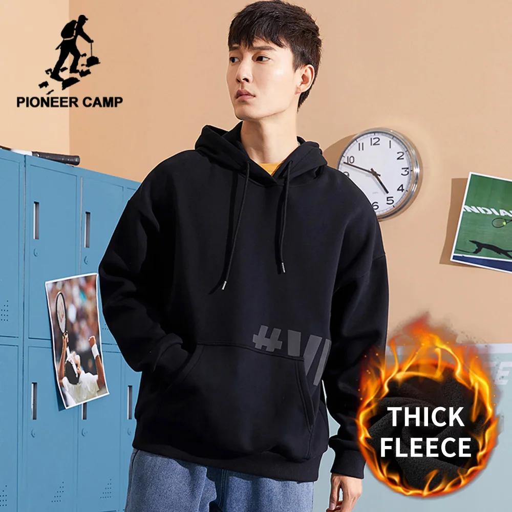 Pioneer Camp 2021 New Sweatshiprts Men Winter Warm Fleece Hooded Loose 100% Cotton Fashion Men's Hoodies XLS001028