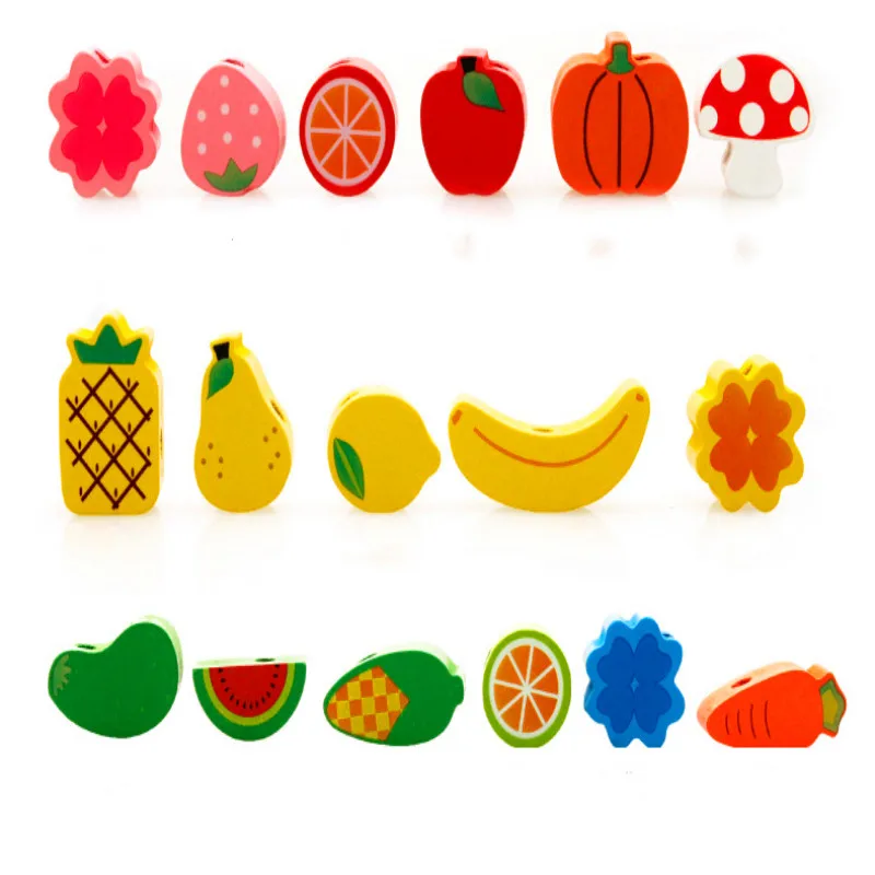 82Pcs Beads Toy Wooden Fruits Vegetables Lacing Stringing Montessori Educational 