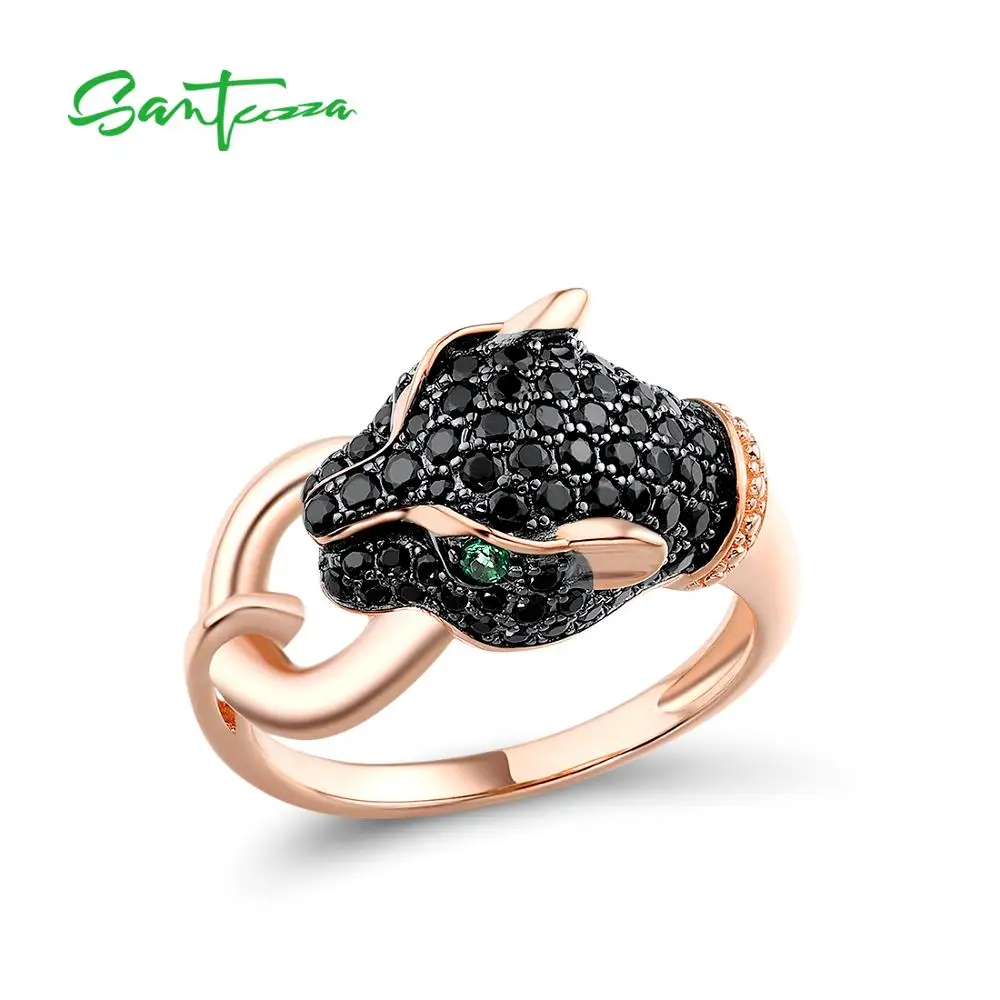 SANTUZZA Silver Ring For Women Pure 925 Sterling Silver Dazzling Black Green Spinel Leopard Panther Trendy Party Fine Jewelry