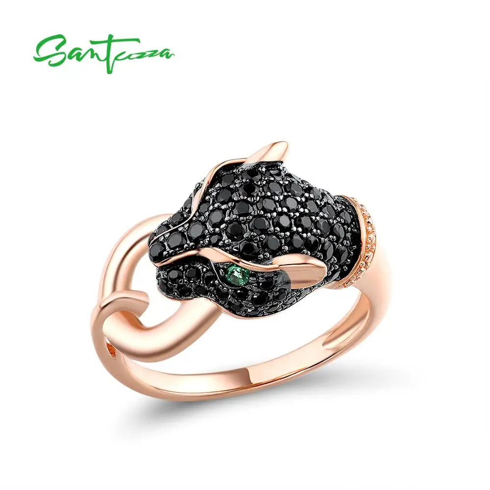 

SANTUZZA Silver Ring For Women Pure 925 Sterling Silver Dazzling Black Green Spinel Leopard Panther Trendy Party Fine Jewelry