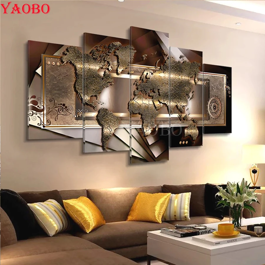 

World Map Poster Abstract picture of rhinestone embroidery mosaic diamond full square 5 d diamond painting 5 Pieces set
