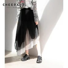 CHEERART сетчатая Асимметричная юбка Женская Лоскутная с высокой талией Повседневная многослойная юбка с эластичной резинкой на талии Осенняя длинная юбка