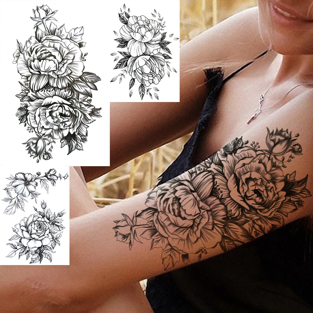 

Fake Peony Cluster Temporary Tattoo For Women Adults DIY Realistic Flower Black Tattoos Sticker Water Transfer Tatoos Paste Arm