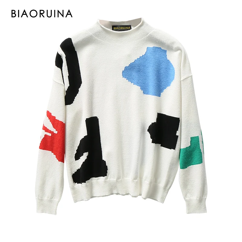 

BIAORUINA Women's Geometric Contrast Colors Turtleneck Sweater Female Casual Wool Blends High Quality Thin Knit Pullover