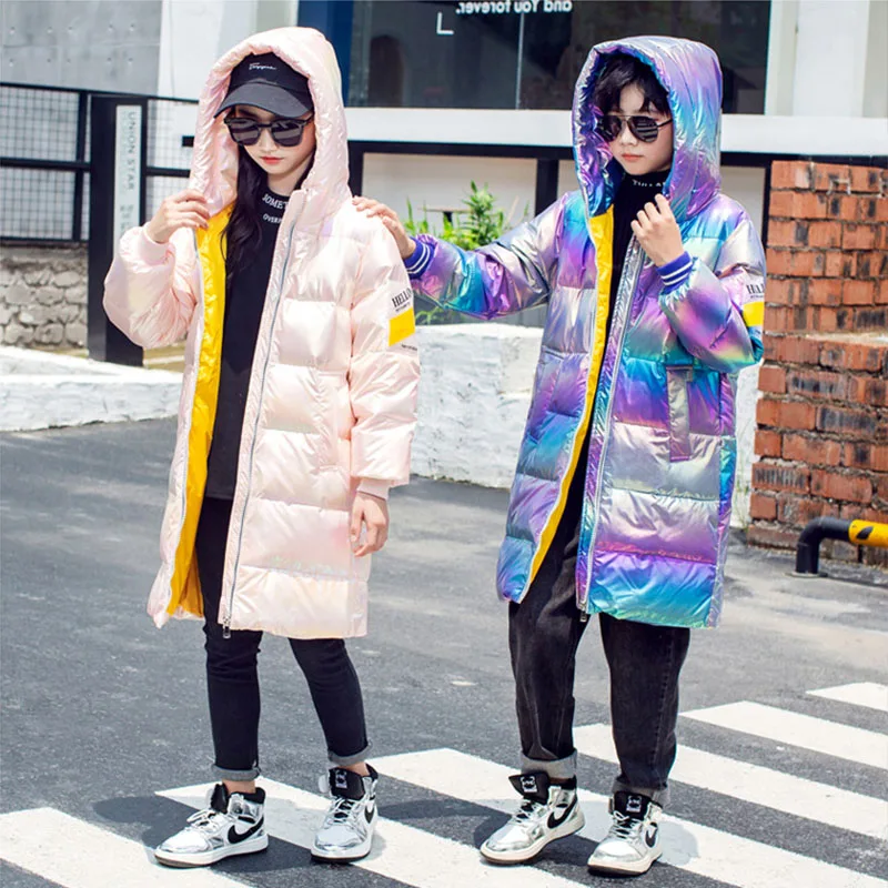Children Long Colorful Down Jacket 2020 Autumn Winter Thickened Warm Outer Boys Girls Hooded Outerwear Kids Fashion Casual Coat |