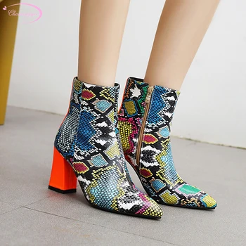 

Party style sexy pointed toe ankle boots serpentine plaid zipper color matching high-heeled chunky riding boots women's shoes