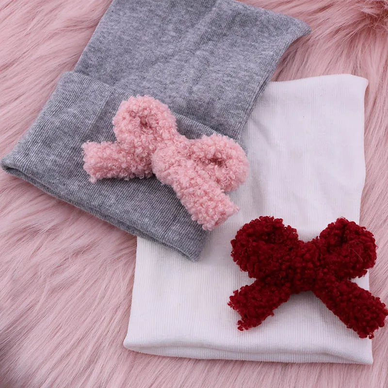 Baby Boy Girls White Bow hospital hat Soft 0-4 Month Baby Kids Teddy Bear Cotton Knit Caps and Bonnet new born Accessories