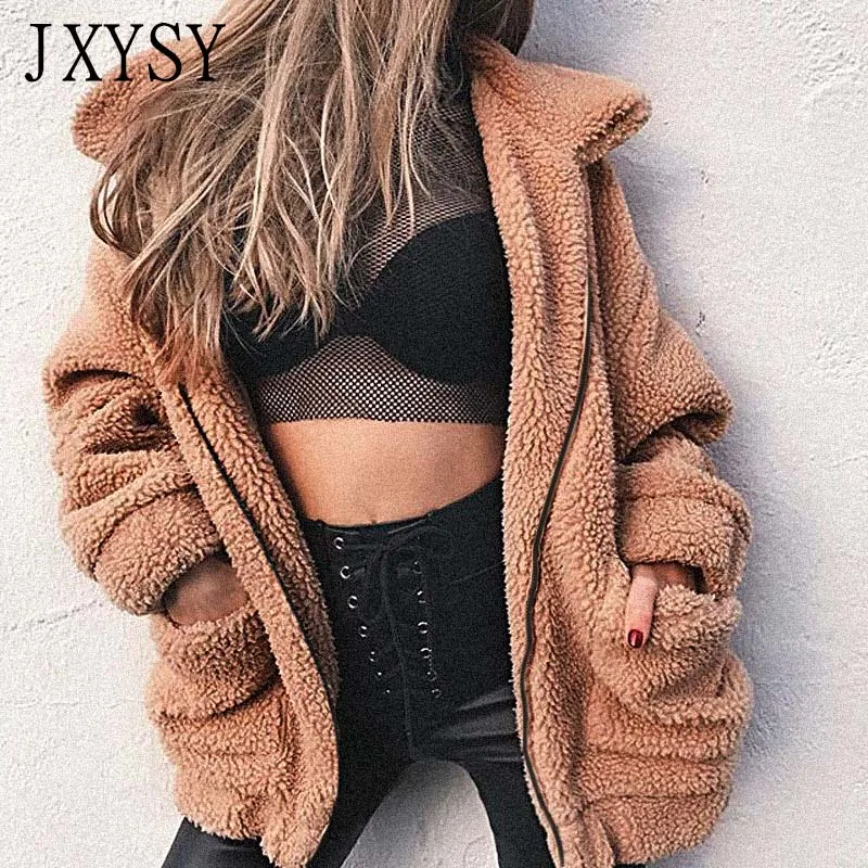 

JXYSY Teddy Coat Women Jacket 2019 Winter Warm Faux Fur Coat Thick Plus Size Long Sleeve Pocket Plush Zipper Overcoat Outerwear