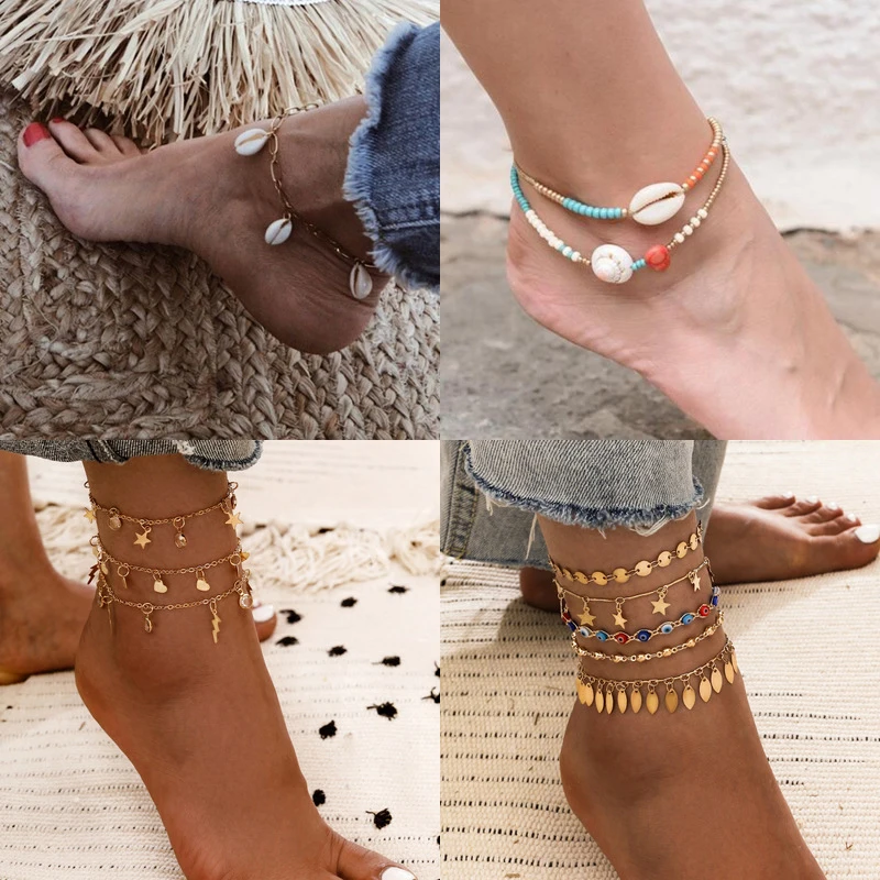 Bohemian Shell Anklets for Women Gold Star Lightning Leaf Foot Bracelets Set Female Evil Eye Summer Beach Barefoot Bracelet Bohemian Shell Anklets for Women Gold Star Lightning Leaf Foot Bracelets Set Female Evil Eye Summer Beach Barefoot Bracelet