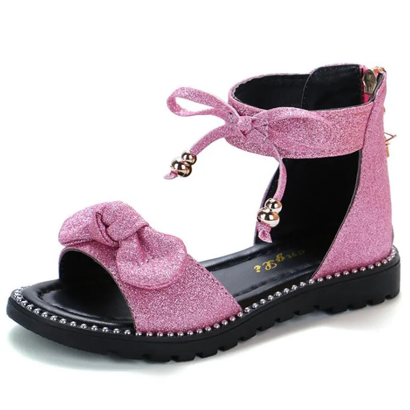 pink Weoneit/сандалии для девочек; Новинка года; летние модные детские школьные сандалии принцессы на плоской подошве с бантом; 3 цвета; CN 27-37 - Цвет: pink