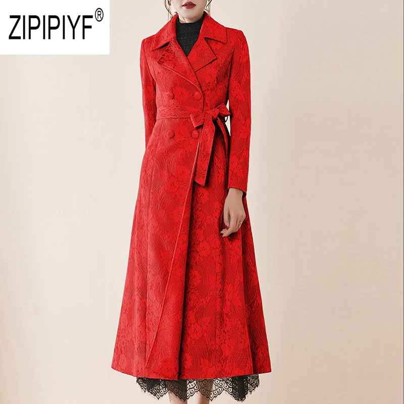 

Noble Fashion 2019 Autumn Fashion Women Trench Coats Embroidery Long Sleeve Double-breasted Turn Down Neck Lace Trenches Z2369