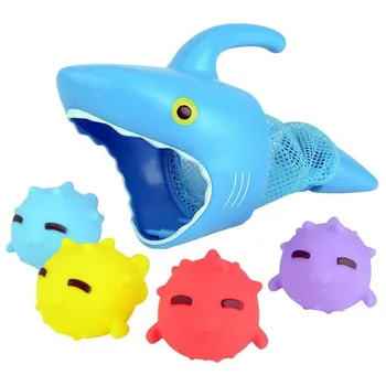 

Children Bath Toys Summer Shark Net With 4pcs Small Fishes Toys Cartoon Squeeze Spray Water Fish Baby Playing Water Bathing Toys
