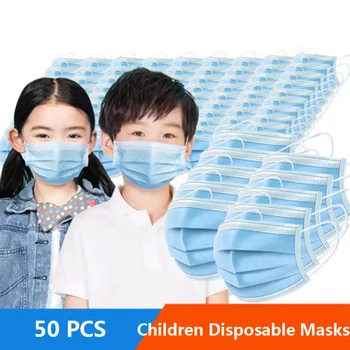 

50 Pieces Of Disposable Protective Masks Breathable Children's Masks 3 Layers Of Disposable Elastic Soft Blue Masks