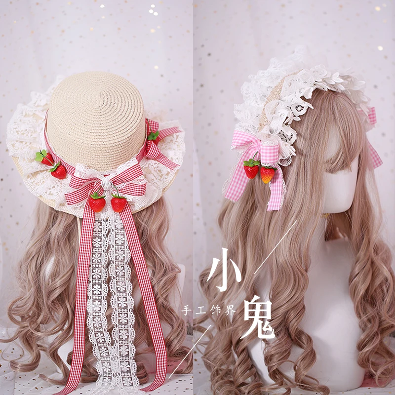 

Sweet Plaid pastoral strawberry lace Lolita hair hoop Japanese soft sister KC head hoop with straw hat