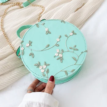 

Sweet Bags For Women Lace Round Handbags PU Leather Women Crossbody Bags Female Small Flower Chain Shoulder Bag 2020