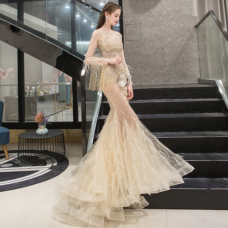 SSYFashion/Новое высококачественное роскошное вечернее платье русалки с длинными рукавами, украшенное кристаллами и бисером, золотые Выпускные вечерние платья Robe De Soiree