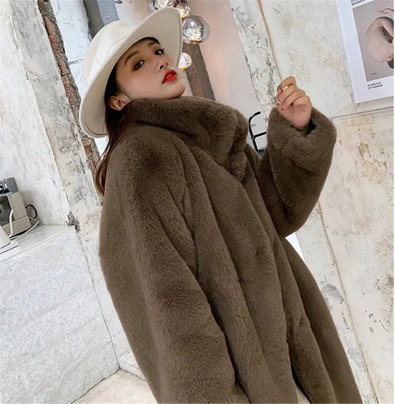 CBAFU, зимнее женское пальто высокого качества из искусственного кроличьего меха, роскошное длинное меховое пальто, Свободное пальто с отворотом, Толстая теплая верхняя одежда, большие размеры P690