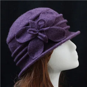 Purple Женская шерстяная шапка с цветочным орнаментом, теплые шапки, осенне-зимняя женская шапка, Модные Элегантные вязаные шапочки, шерстяные шапочки - Цвет: Purple