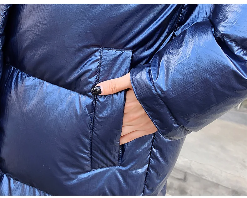 Зимняя Глянцевая пуховая хлопковая длинная парка Женская водонепроницаемая куртка большой размер свободные зимние теплые толстые блестящие Серебристые куртки