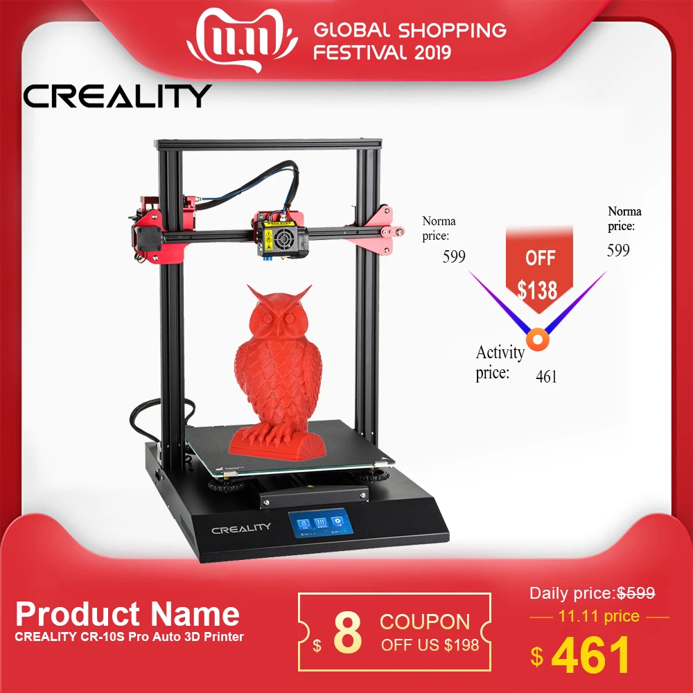 

3D Printer CREALITY CR-10S Pro Upgraded Auto Leveling DIY Self-assembly Kit 300*300*400mm Large Print Size LCD Touchscreen
