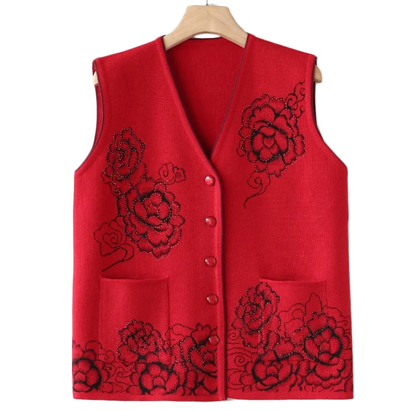 Middle-aged women Print Sweater Vest Autumn Winter vests Sweater knit Cardigan Womens Short Plus size Sweater Vests Jackets F856