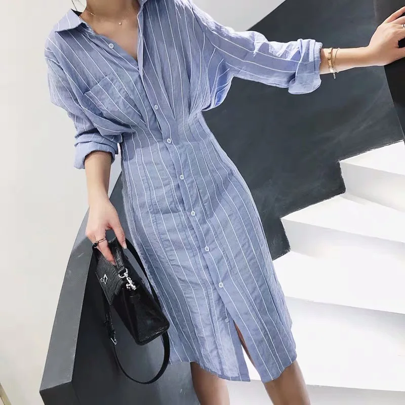 

2019 Autumn Women Shirt Dresses Spring Casual Long Sleeve Blue Striped Midi Holiday Beach Shirt Dress For Women
