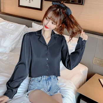 

COIGARSAM Office Lady Full Sleeve Shirt Womens tops New Spring Solid Chiffon V-Neck Women shirts White Black Blue Gray 106