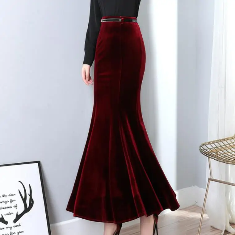 Vintage Black Velvet Maxi Skirt - Women's Elegant Mermaid Style with Belt image 3
