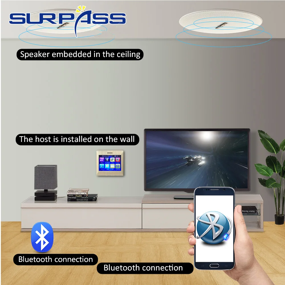 US $311.40 4 Channels Touch Screen Wall Amplifier Bluetooth Fm Stereo Sound Audio PA Ceiling Speaker HiFi Home Theater Background Music Kit