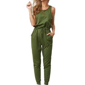 

Elastic Waist Pencil Jumpsuits for Women 2020 New Summer Casual Solid Lace Up Streetwear Long Playsuits Sleeveless Rompers GV227