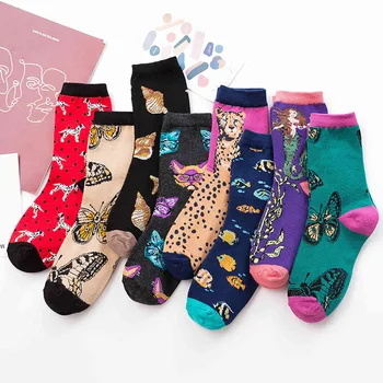 

Leopard butterfly spotty dog cartoon animal lady pure cotton tube socks wholesale street sports socks hip hop skateboard socks
