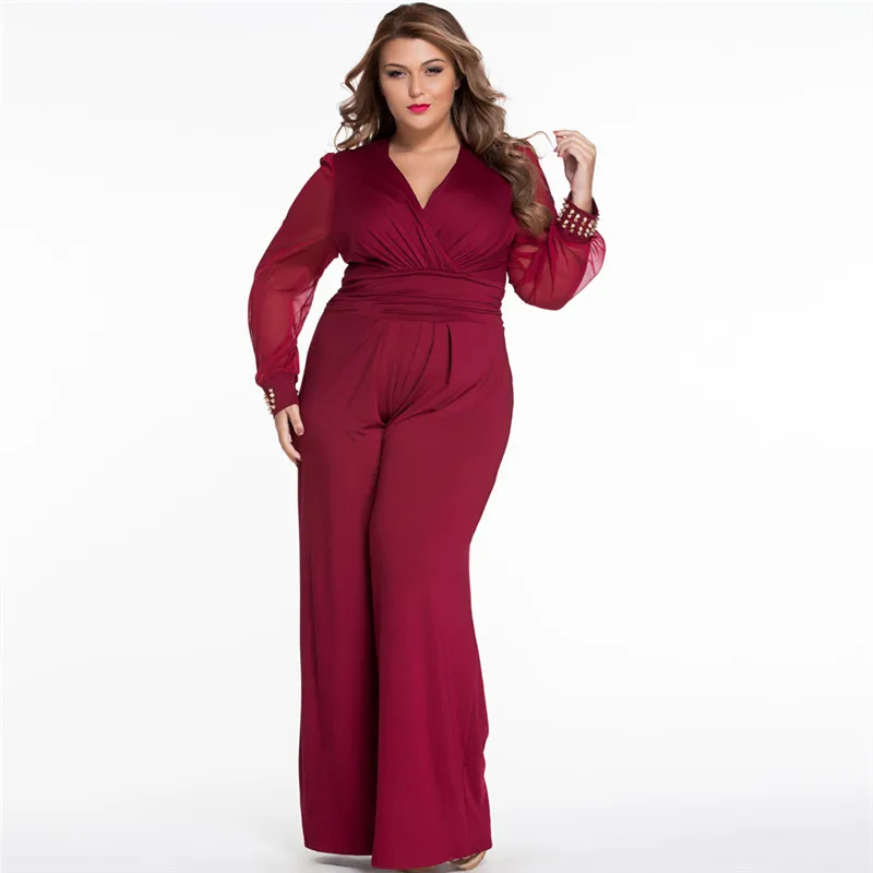 Adogirl, украшенный манжетами, длинный комбинезон с сетчатыми рукавами, S-XXL, женский сексуальный комбинезон с v-образным вырезом, Модный повседневный комбинезон, широкие штаны, комбинезон для офиса
